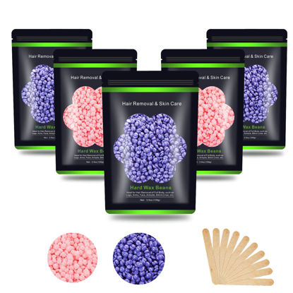 Picture of Auperwel Wax Beads for Hair Removal 1.1 lb (17.6 oz), Hard Wax Beads for Sensitive Skin - Brazilian, Face, Bikini, Legs, Eyebrow, Painless Waxing Beads Kit for Women Men, 5 Packs with 10 Wax Sticks