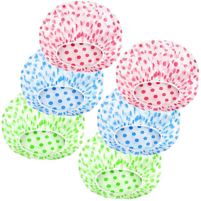 Picture of MZD8391 Shower Cap, Reusable Shower Hat Bath Caps, Waterproof with Elastic Band Hair Hat for Men Women Ladies Spa Salon, Coloful Dotted, 6 Packs