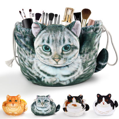 Picture of Cat Shaped Drawstring Makeup Bag for Women - Grey Tabby Cat Design Cosmetic Case