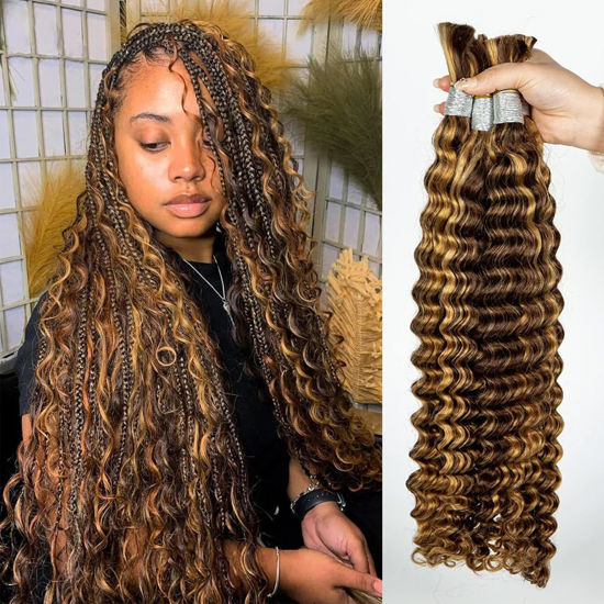 Picture of Human Braiding Hair 2 Bundles/Pack 100g Highlight 4/27 Curly Deep Wave Human Bulk Hair for Braiding No Weft 10A Brazilian Virgin Human braiding Hair for Boho Braids (Highlight 4/27, 28 inch)