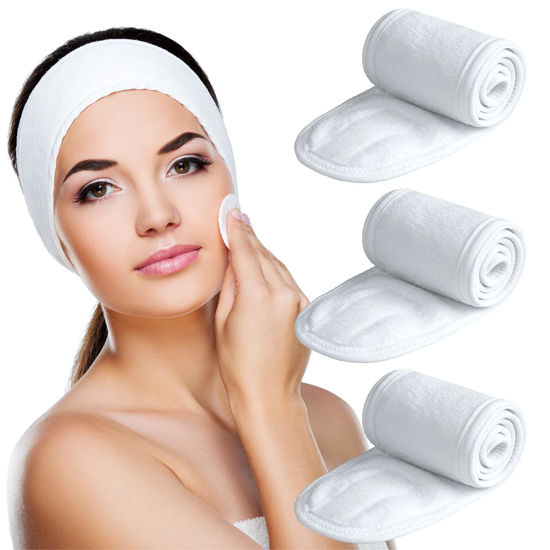 Picture of Denfany 3 Pack Makeup Headband, Ultra Soft Adjustable Spa Facial Headbands Terry Cloth Stretch Make Up Wrap for Face Washing, Shower, Facial Mask, Yoga (White+White+White)