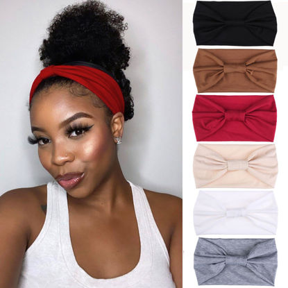 Picture of XTREND 6 Packs Women's Headband Bandana Knot Elastic Girls Yoga Workout Outdoor Sports Non-Slip Solid Color Hair Accessories(Black, Coffee, Red, Light Khaki, Light Gray, Dark Gray)