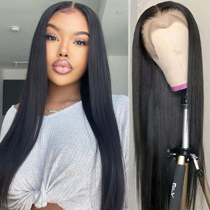 Picture of UNANCY Straight Lace Front Wigs Human Hair Pre Plucked Hairline Glueless 180% Density 13×4 HD Transparent Wigs for Women Human Hair with Baby Hair Natural Color (30 inch)