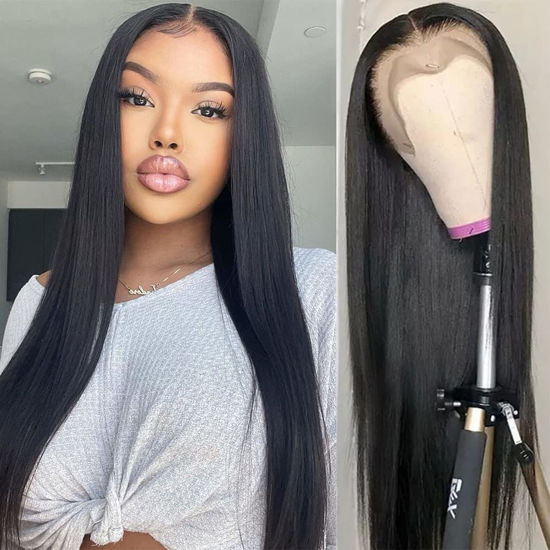Picture of UNANCY Straight Lace Front Wigs Human Hair Pre Plucked Hairline Glueless 180% Density 13×4 HD Transparent Wigs for Women Human Hair with Baby Hair Natural Color (30 inch)