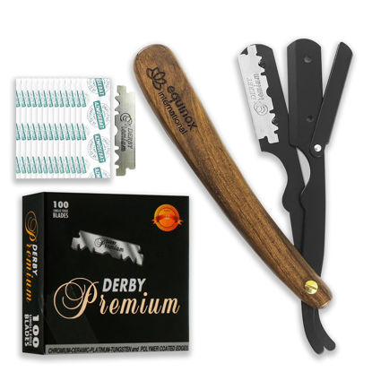 Picture of Equinox Straight Edge Razor - Includes 100 Single Derby Blades -Manual Shaver for Men - Stainless Steel with Wooden Handle - Barber Kit - Hair Blade Razor - Perfect for Hairline