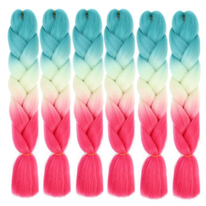 Picture of Xiaofeng Braiding Hair Extensions for Women 6 Packs 100g/Pack 24Inch High Temperature Ombre Jumbo Synthetic Braiding Hair for Twist Crochet Braids (24 Inch, light blue-light yellow-pink)