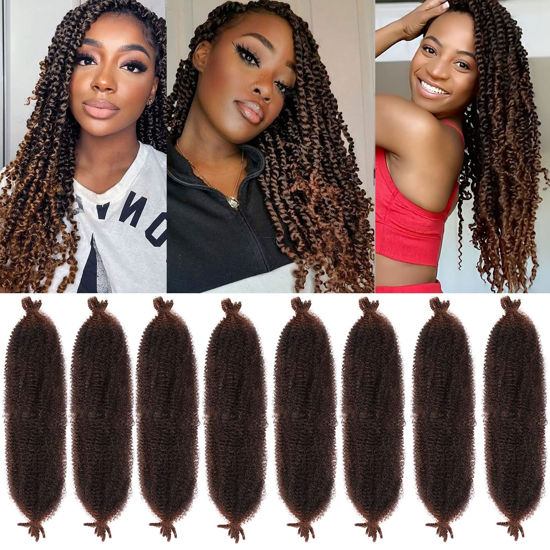 Picture of 8 Packs Dark Brown Springy Afro Twist Crochet Hair 16 Inch Pre-Separated Spring Twist Hair Synthetic Marley Crochet Braiding For Distressed Soft Locs Hair Extension For Women (8 Strands/Pack,T30#)