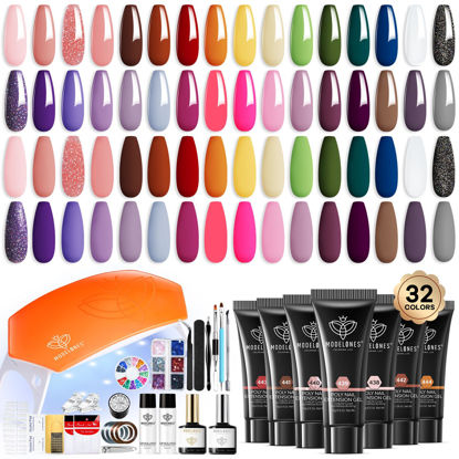 Picture of Modelones 133pcs Poly Extension Gel Nail Kit, 32 Colors All Seasons Poly Nail Gel kit with Nail Lamp Slip Solution Builder Nail kits Manicure Tools Nail Forms for Starter Nail Art for Women
