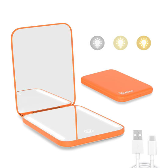 Picture of Kintion Rechargeable Pocket Mirror, Double Sided 1X/3X Magnification Compact Vanity Mirror, 3 Color Lights, Dimmable, Small Portable Wallet Mirror, Lighted Travel Mirror for Women Gifts, Orange