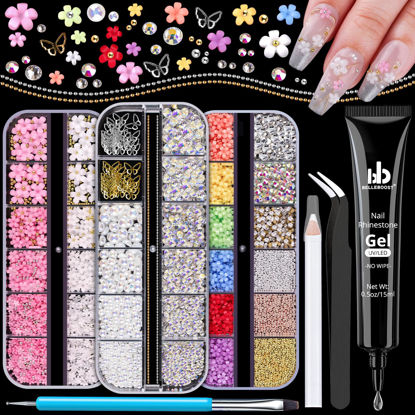 Picture of 3D Nail Charms, Manicure Kit with Nail Rhinestone Glue Gel (UV Curing), Butterfly Colorful Flower Starry AB Gems Caviar Beads Half Round Pearl & Flatback Glass AB + Clear Crystal with Dotting Tools