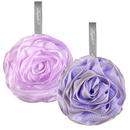 Picture of LAYUKI Bath Loofah, Shower Loofah, Body Loofah, Bath Sponge, Shower Sponge, Body Sponge, Bath Scrubber, Shower Scrubber, Body Scrubber, Rose-Shaped, Elegant (Set of 2 Pieces,Purple and Grey)