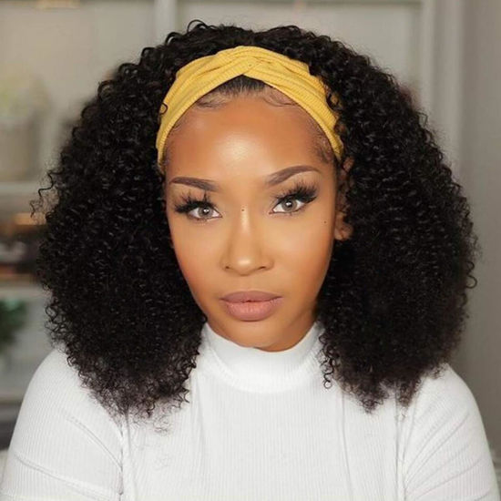 Picture of Celiarita Headband Wigs Kinky Curly Human Hair Wig for Black Women Real Human Hair None Lace Front Wigs Machine Made Wigs Glueless Brazilian Headband Kinky Curly Human Hair Wig 14 Inch