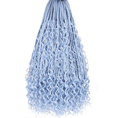Picture of Beverlee 18 Inch Boho Box Braids 8 Packs Goddess Box Braids Crochet Hair Bohemian Hippie Braids Braiding Hair Box Braids with Curly Ends Messy Pre-looped Synthetic Crochet Hair for Women 128 Strands Light Blue#