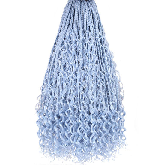 Picture of Beverlee 18 Inch Boho Box Braids 8 Packs Goddess Box Braids Crochet Hair Bohemian Hippie Braids Braiding Hair Box Braids with Curly Ends Messy Pre-looped Synthetic Crochet Hair for Women 128 Strands Light Blue#