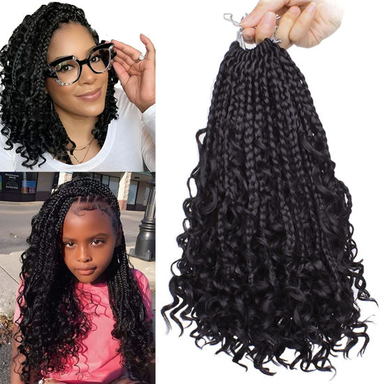 Picture of Beverlee 10 Inch 8 Packs Boho Box Braids Goddess Box Braids Crochet Hair Bohemian Hippie Braids Braiding Hair Box Braids with Curly Ends Messy Pre-looped Synthetic Kids Crochet Hair for Black Women