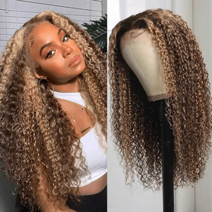 Picture of Beauty Forever #TL412 Curly Highlight Lace Front Wig Human Hair,10A Brazilian Remy Hair Honey Blonde 13x4 Lace Frontal Wigs for Women Pre Plucked 150% Density 16 inch