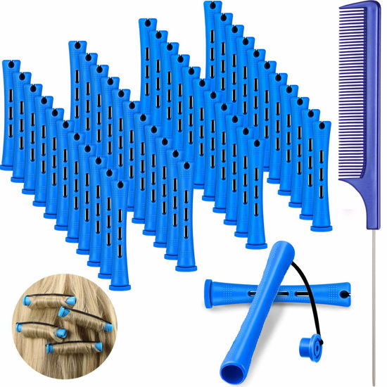 Picture of 48 Pieces Hair Perm Rods Short Cold Wave Rods Plastic Perming Rods Hair Curling Rollers Curlers with Steel Pintail Comb Rat Tail Comb for Hairdressing Styling Supplies (0.35 Inch, Blue and Dark Blue)