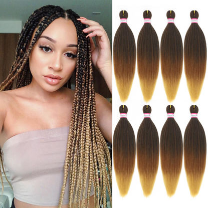 Picture of 3 Tone Pre-stretched Braiding Hair Synthetic Braids Professional Hair Extensions for Braiding 20 Inch Yaki Texture Straight Ombre Brown Blond Color Mixed Crochet Twist Hair 8Pcs/lot (#1B/30/27)