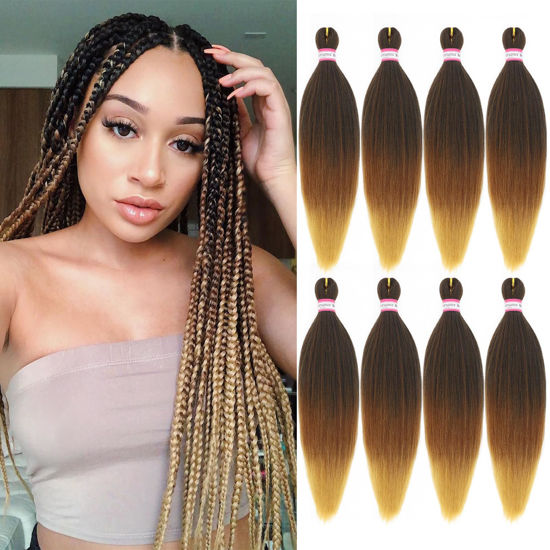 Picture of 3 Tone Pre-stretched Braiding Hair Synthetic Braids Professional Hair Extensions for Braiding 20 Inch Yaki Texture Straight Ombre Brown Blond Color Mixed Crochet Twist Hair 8Pcs/lot (#1B/30/27)