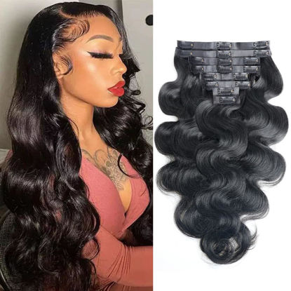 Picture of Pobokix Seamless Clip in Hair Extensions Human Hair Body Wave Human Hair Clip in Extensions 8Pcs PU Clip ins Remy Hair for Women Invisible Skin Weft 18Clips 120g 22inch Natural Black