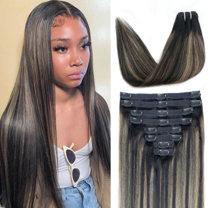 Picture of FB27 Highlight Ombre Clip In Hair Extensions Real Human Hair Straight Clip In Black to Blonde Human Hair Extensions Balayage Clip ins Remy Hair for Women 8Pcs with 18Clips Lace Weft 120g 14inch
