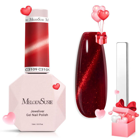 Picture of MelodySusie Jeweliver Cat Eye Gel Nail Polish, 0.5 Fl Oz Burgundy Red Glitter Holographic Magnetic Nail Polish with Magnet, UV Nail Polish for Nail Art Manicure Salon DIY at Home C3109