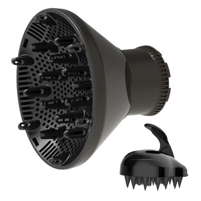 Picture of Universal Hair Diffuser Adaptable Hair Dryer Attachment for Blow Dryer Nozzles from 1.7 to 2.2 inch Diameter (Black with Shampoo Brush)