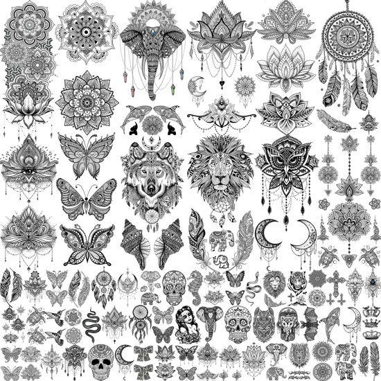 Picture of VANTATY 64 Sheets Tribal Vintage Black Lotus Temporary Tattoos for Women Girls, Bohemia Mandala Flower Fake Sleeve Tattoos for Adults Owl Moon