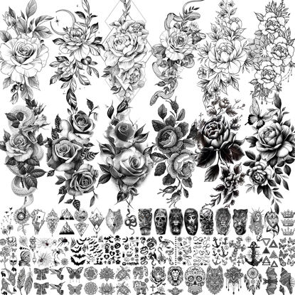 Picture of VANTATY 65 Sheets Black Realistic Flower Temporary Tattoos For Women Arm Thigh, 3D Fake Tattoos That Look Real And Last Long, Temp Rose Sketch Moon Snake Peony Floral Tattoo Stickers For Adults Girls