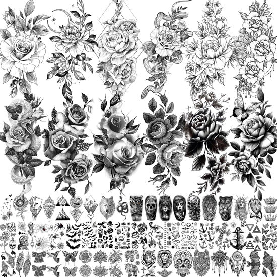 Picture of VANTATY 65 Sheets Black Realistic Flower Temporary Tattoos For Women Arm Thigh, 3D Fake Tattoos That Look Real And Last Long, Temp Rose Sketch Moon Snake Peony Floral Tattoo Stickers For Adults Girls