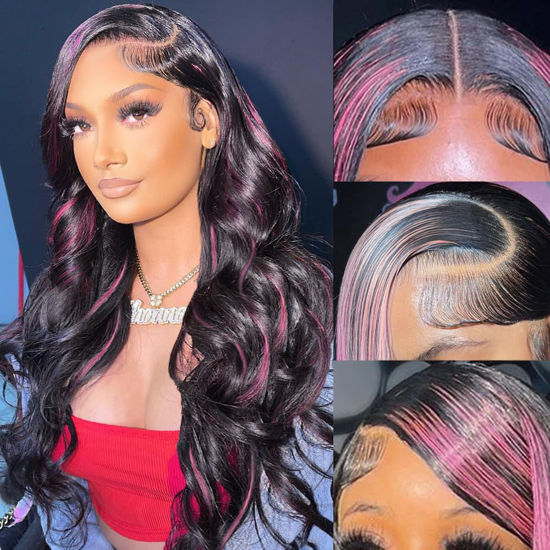 Picture of KeaBalo Ombre Lace Front Wig Human Hair Skunk Stripe Human Hair Wigs 13x4 Hd Lace Frontal Body Wave Highlight Pink Human Hair Wig Pink and Black Colored Wigs Human Hair 180% Density 28 Inch