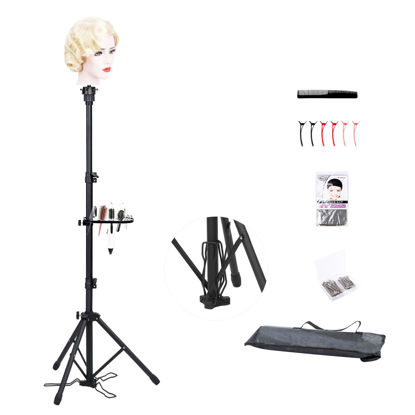 Picture of Klvied Wig Stand Tripod Adjustable Mannequin Head Stand with Foot Panel, Reinforced Metal Wig Head with Tool Tray for Cosmetology Hairdressing Styling Training