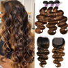 Picture of UNICE Brown Highlight Body Wave Human Hair 3 Bundles with 4x4 lace closure Free Part, Brazilian Remy Hair Ombre Human Hair Wavy Weaves FB30 Color 18 20 20+16 Closure