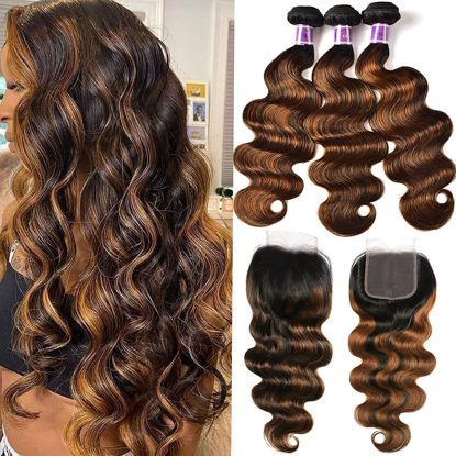 Picture of UNICE Brown Highlight Body Wave Human Hair 3 Bundles with 4x4 lace closure Free Part, Brazilian Remy Hair Ombre Human Hair Wavy Weaves FB30 Color 18 20 20+16 Closure