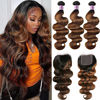 Picture of UNICE Brown Highlight Body Wave Human Hair 3 Bundles with 4x4 lace closure Free Part, Brazilian Remy Hair Ombre Human Hair Wavy Weaves FB30 Color 18 20 20+16 Closure
