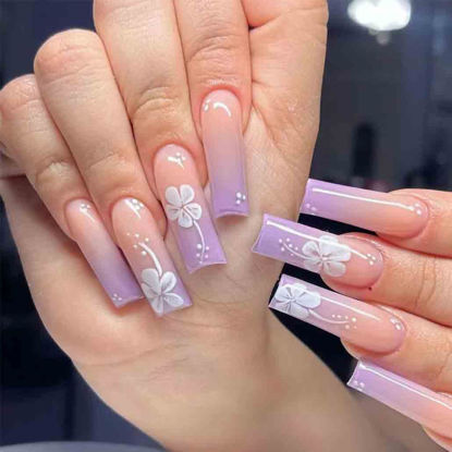 Picture of Foccna Long Press on Nails Pink Square French Fake Nails Summer Nails Purple Full Cover Bling Acrylic False Rhinestone Nails 3D Flower Design Square Nails for Women and Girls 24PCS (Square Nails 1)