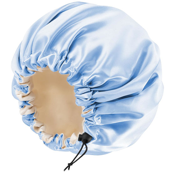 Picture of Satin Bonnet Silk Bonnet for Curly Hair Bonnet Braid Bonnet for Sleeping Bonnets for Women Large Double-Layer Adjustable Blue