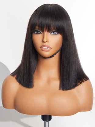 Picture of LUVME HAIR 12 Inch Light Yaki Straight Bob Wig with Bangs Human Hair Realistic HD Lace Short Black Bob Wigs, Ready to Go Blunt Cut Bob Wig Glueless 180 Density