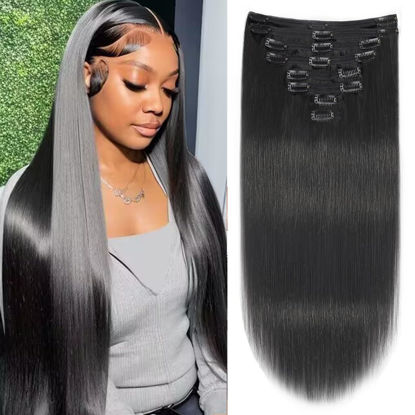 Picture of Mihugass Straight Clip in Hair Extensions Real Human Hair For Women 100% Unprocessed Brazilian Virgin Hair Straight Clip Ins 8pcs with 18 Clips 120g(24inch,#1B)