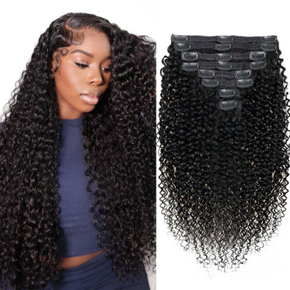 Picture of Mihugass Curly Clip in Extension Human Hair 3C 4A Kinky Curly Clip Ins Full Head for Women Brazilian Remy Human Hair Natural Color 8 Pcs with 18 Clips 120g/Set (22 inch)