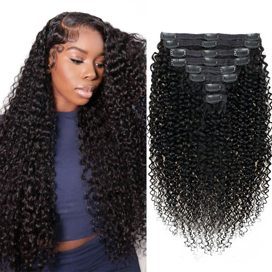 Picture of Mihugass Curly Clip in Extension Human Hair 3C 4A Kinky Curly Clip Ins Full Head for Women Brazilian Remy Human Hair Natural Color 8 Pcs with 18 Clips 120g/Set (22 inch)