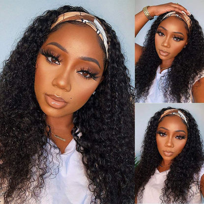 Picture of WENYAN Headband Wig Human Hair Deep Wave 24 Inch Wigs for Black Women Glueless None Lace Front Curly Wave Wig Brazilian Virgin Hair Wear and Go Wigs Machine Made 150% Density Wigs Natural Color
