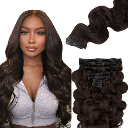 Picture of Lashey Seamless Clip in Hair Extensions Human Hair #2 Dark Brown Body Wave Clip in Hair Extensions Real Human Hair 7pcs 110g 14 Inch PU Weft Natural Hair Extensions for Women