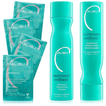 Picture of Malibu C Swimmers Wellness Collection - Swimmers Shampoo and Conditioner Set + Hair Mask Packets - Moisturizing, Shine Restoring Hair Care Kit - Protects Hair Discoloration from Pool Elements (6 Ct)