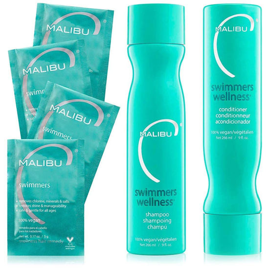 Picture of Malibu C Swimmers Wellness Collection - Swimmers Shampoo and Conditioner Set + Hair Mask Packets - Moisturizing, Shine Restoring Hair Care Kit - Protects Hair Discoloration from Pool Elements (6 Ct)