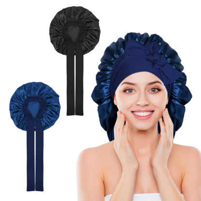 Picture of Arqumi 2 Pcs Satin Silk Bonnet for Sleeping Women, Large Long Strap Tie Band Adjustable Sleep Night Cap Hair Bonnet Wrap for Men, Black+Navy Blue