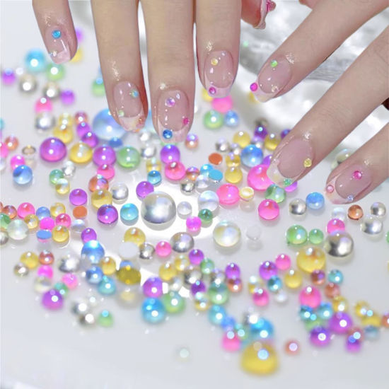 Picture of 200Pcs Colorful Bubble Beads Mermaid Nail Art Charms Aurora Pearls Candy Caramel Stone Mix Nail Art Rhinestones Half-Round Flat Back Rhinestones for Nails Small Glass for Crafts Nail Art Accessories