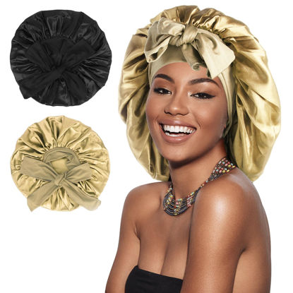 Picture of Arqumi 2 Pcs Satin Silk Bonnet for Sleeping Women, Large Long Strap Tie Band Adjustable Sleep Night Cap Hair Bonnet Wrap for Men, Black+Khaki