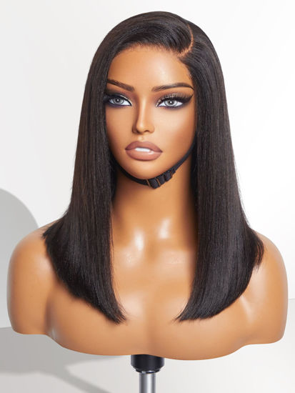 Picture of LUVME HAIR 14 Inch Light Yaki Straight Bob Wig Human Hair, Undetectable HD Lace Glueless Bob Wigs Human Hair Pre Plucked, Pre Cut Lace Wig Short Black Blunt Cut Bob Wigs 180 Density