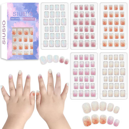 Picture of SIUSIO 120Pcs 5 Pack Press on Nails kids Children Acrylic Fake Nails Cute Pre-glue Full Cover Gradient Color Rainbow Short Stick On False Nail Art Kits Set for Kids Little Girls - Colorful Glitter